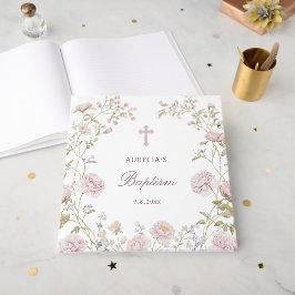 Libro De Visitas Elegante Marco Floral de Bautizo con Tono Rosado