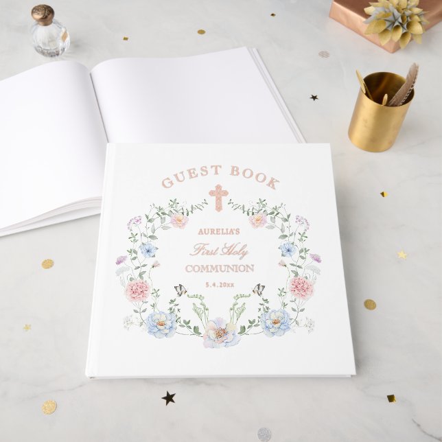Libro De Visitas Elegante Marco Floral Primera Comunión (Anverso Abierto)