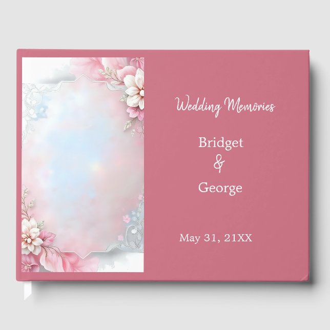 Libro De Visitas Elegante Marco floral rosado boda suave paño brill (Anverso)