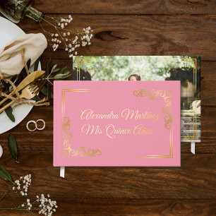 Libro De Visitas Elegante Marco Oro Rosa Quinceañera