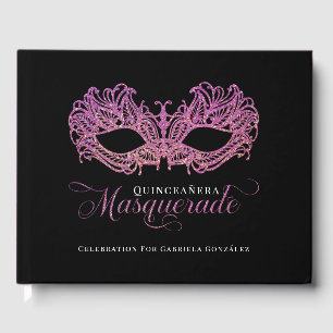 Libro De Visitas Elegante Mascarada Rosa y Oro Quinceanera