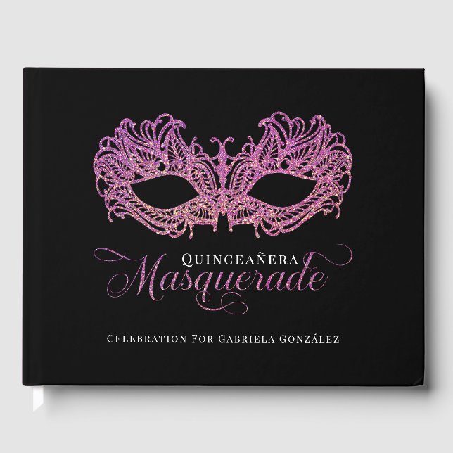 Libro De Visitas Elegante Mascarada Rosa y Oro Quinceanera (Anverso)