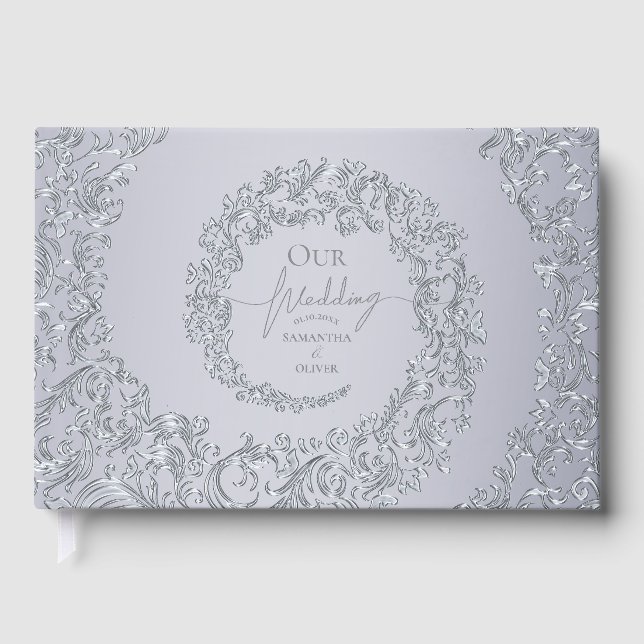 Libro De Visitas Elegante matrimonio de damasco plateado (Anverso)