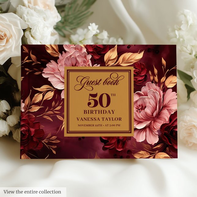Libro De Visitas Elegante Merlot Rubor Gold Floral 50 cumpleaños (Stylish Merlot Blush Gold Floral 50th Birthday Guest Book)