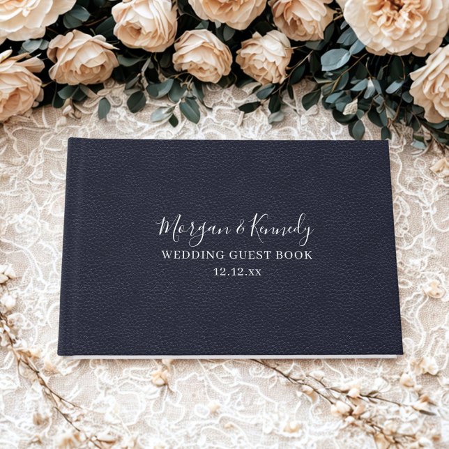 Libro De Visitas Elegante Midnight Blue Faux Leather Look Boda (An elegant midnight blue faux leather look wedding guest book with space for your details)