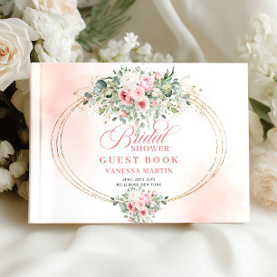 Libro De Visitas Elegante Minimal Rosa Floral Dorado Bridal Shower
