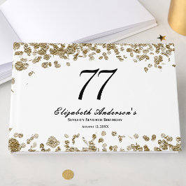 Libro De Visitas Elegante Minimalista Cumpleaños 77 Negro y Dorado