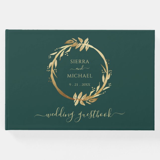 Libro De Visitas Elegante Moda Boda Verde Esmeralda Foliage Golden (Anverso)
