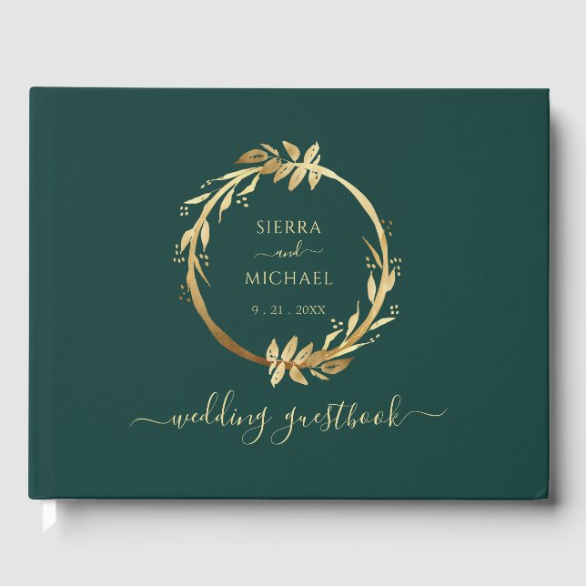 Libro De Visitas Elegante Moda Boda Verde Esmeralda Foliage Golden (Anverso)
