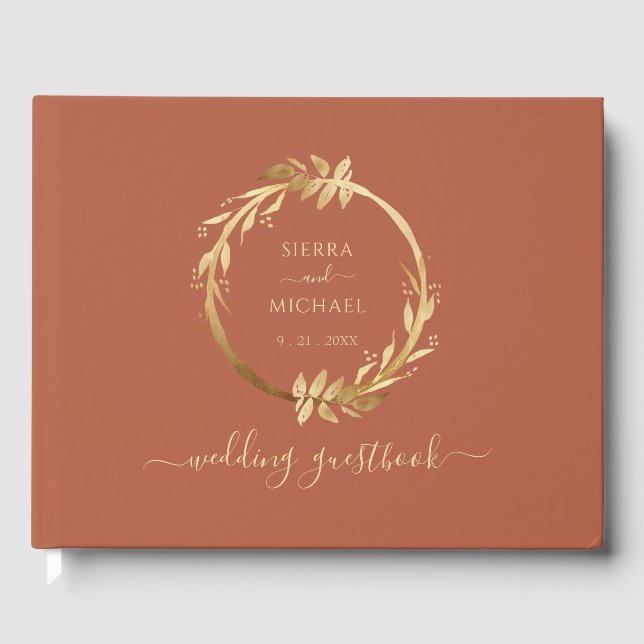 Libro De Visitas Elegante Moda Foliage de Oro Terracotta Rust Boda (Anverso)