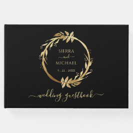 Libro De Visitas Elegante Moda Foliage dorado Wreath Boda negro