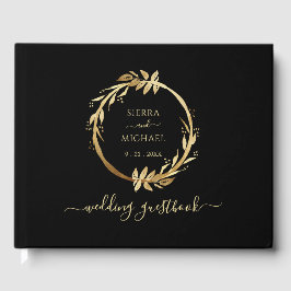 Libro De Visitas Elegante Moda Foliage dorado Wreath Boda negro
