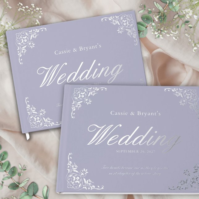 Libro De Visitas Elegante Moda Lavanda Boda púrpura (lavender purple guest book with silver foil and elegant decorative border for chic floral garden)