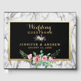 Libro De Visitas Elegante Moda Mármol Oro Negro Boda Floral Rosa