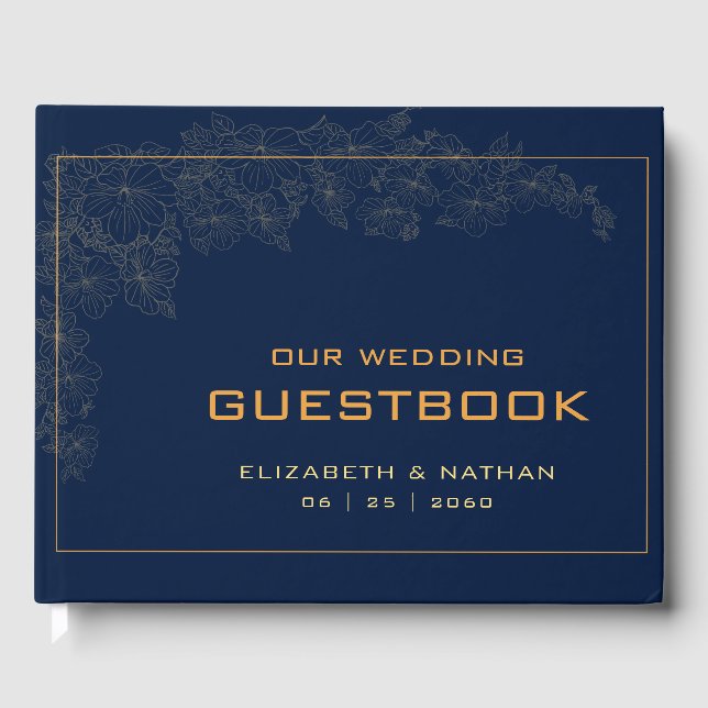 Libro De Visitas Elegante Moderno Retro Dorado Azul Marino Boda Cit (Anverso)
