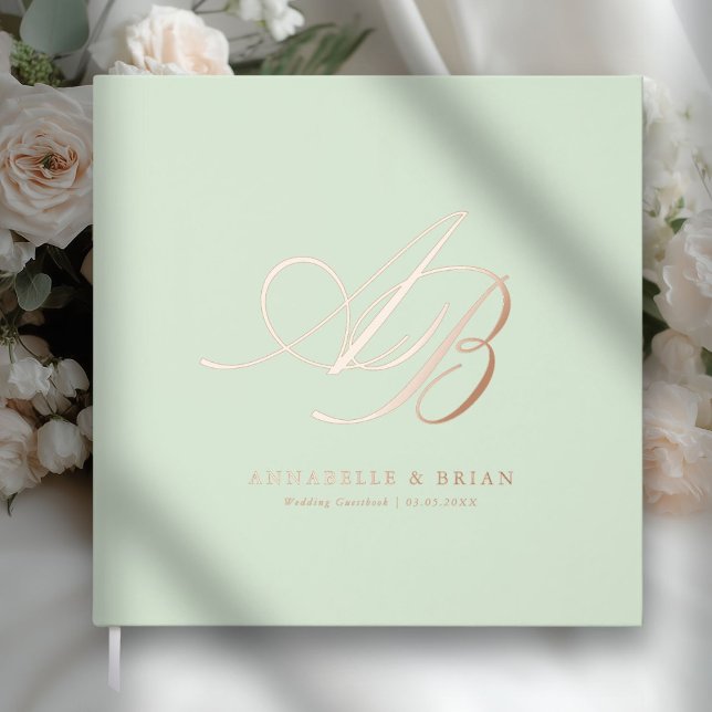 Libro De Visitas Elegante, Monograma, Boda (Pale Pistachio, Monogram, Scripted Font, Foil Wedding Guest Book. )