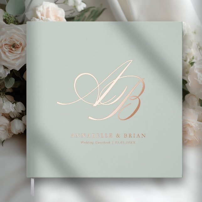 Libro De Visitas Elegante, Monograma, Boda (Sage Green, Monogram, Scripted Font, Foil Wedding Guest Book. )