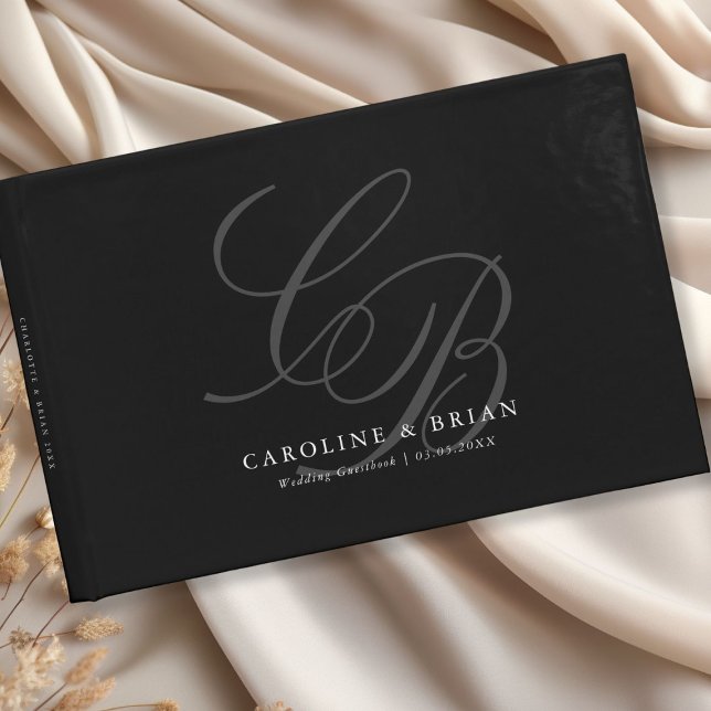 Libro De Visitas Elegante, Monograma, Boda (Elegant, Monogram, Black Wedding Guest Book with your name & date.)