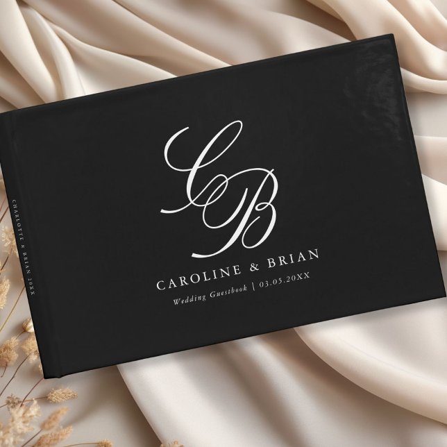 Libro De Visitas Elegante, Monograma, Boda (Elegant, Monogram, Black, Wedding Guest Book with your name and date.)