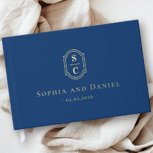 Libro De Visitas Elegante monograma boda azul oscuro Relieve metali