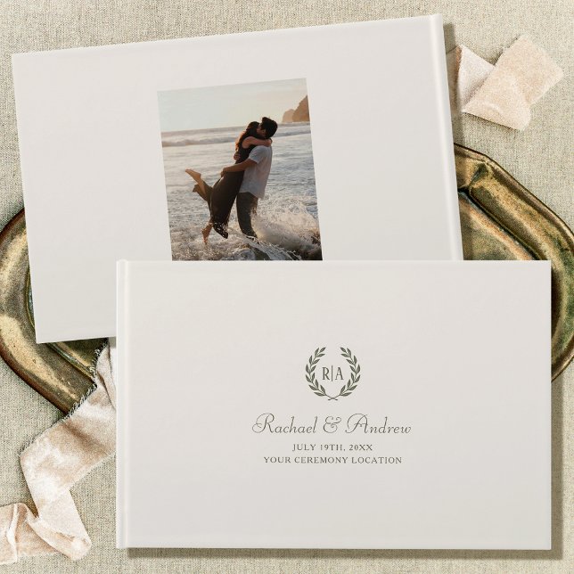 Libro De Visitas Elegante Monograma Boda Foto Crema Verde (Subido por el creador)