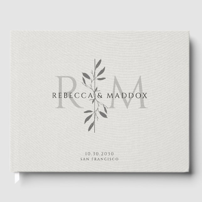 Libro De Visitas Elegante Monograma Botánico Gris Boda (Anverso)