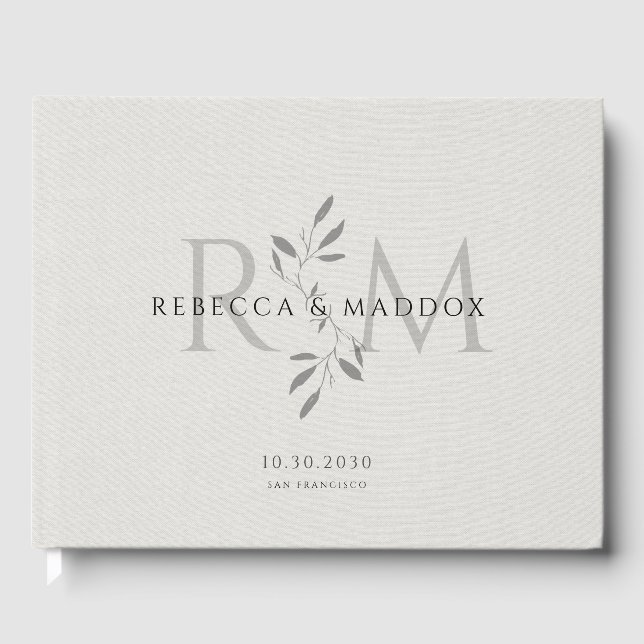 Libro De Visitas Elegante Monograma Botánico Gris para Boda (Anverso)