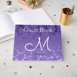 Libro De Visitas Elegante Monograma de Boda Blanco Morado