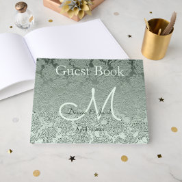 Libro De Visitas Elegante Monograma de Boda Verde Menta Pastel