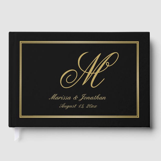 Libro De Visitas Elegante Monograma Dorado Script Boda Negro (Anverso)