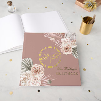 Libro De Visitas Elegante Monograma Floral Acuarela Rosa Boda