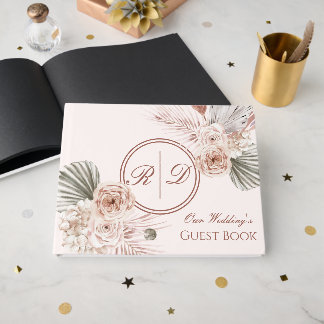 Libro De Visitas Elegante Monograma Floral Acuarela Rosa Boda