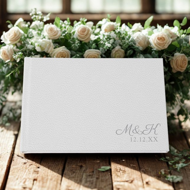 Libro De Visitas Elegante Monograma Plata León Faux Boda (An elegant soft gray faux leather look Wedding Guest Book with space for your initials and date)