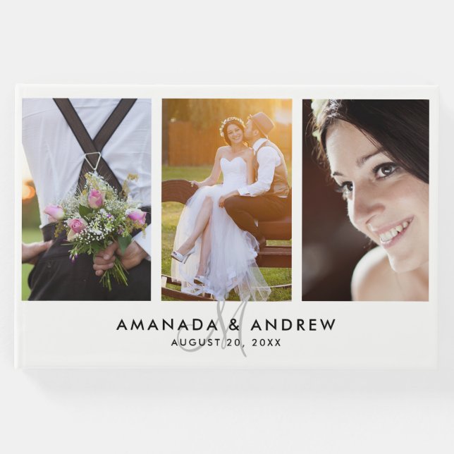 Libro De Visitas Elegante Monograma Simple Moderno 3 Fotos Boda (Anverso)