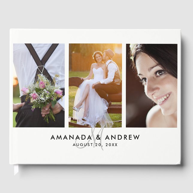 Libro De Visitas Elegante Monograma Simple Moderno 3 Fotos Boda (Anverso)