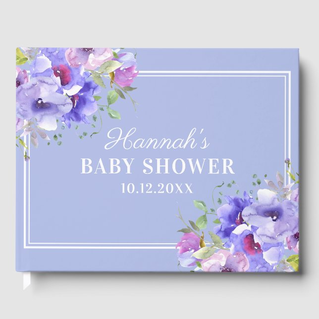 Libro De Visitas Elegante morado acuarela floral Baby Shower (Anverso)