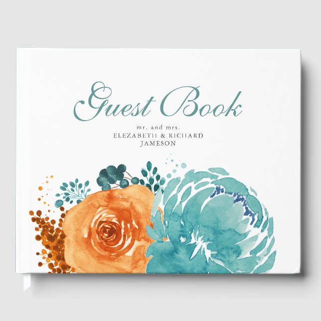 Libro De Visitas Elegante Naranja quemado Verde azulado Boda floral (Anverso)
