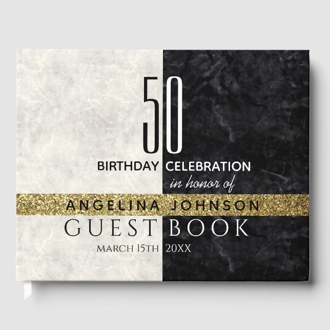 Libro De Visitas Elegante negro y blanco 50 cumpleaños (Anverso)