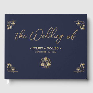 Libro De Visitas Elegante oro Art Deco y caligrafía azul, boda