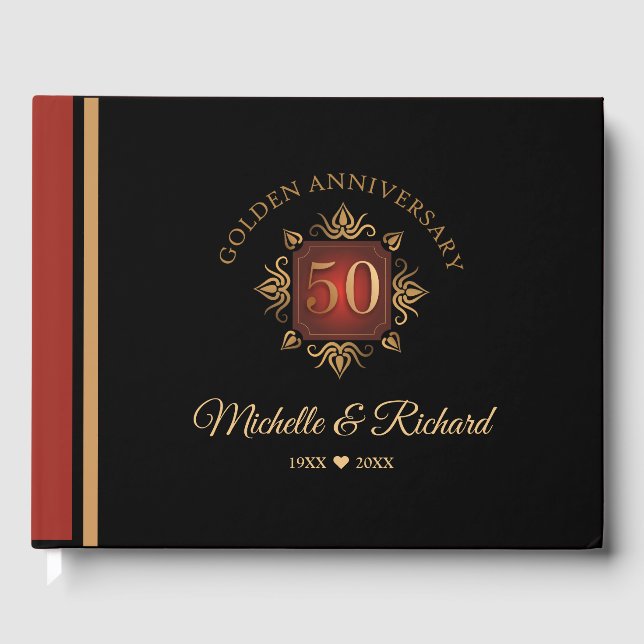 Libro De Visitas Elegante Oro Rojo Negro 50 Aniversario (Anverso)