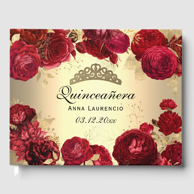 Libro De Visitas Elegante Oro Rosas Rojas Quinceañera Personalizado (Anverso)