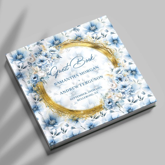 Libro De Visitas Elegante Pastel Blue Flowers Purpurina Boda (Elegant Pastel Blue Flowers Gold Glitter Wedding Guest Book)
