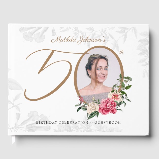 Libro De Visitas Elegante Personalizado botánico floral de cumpleañ (Anverso)