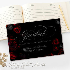 Libro De Visitas Elegante Personalizado Floral Rojo y Boda Negro