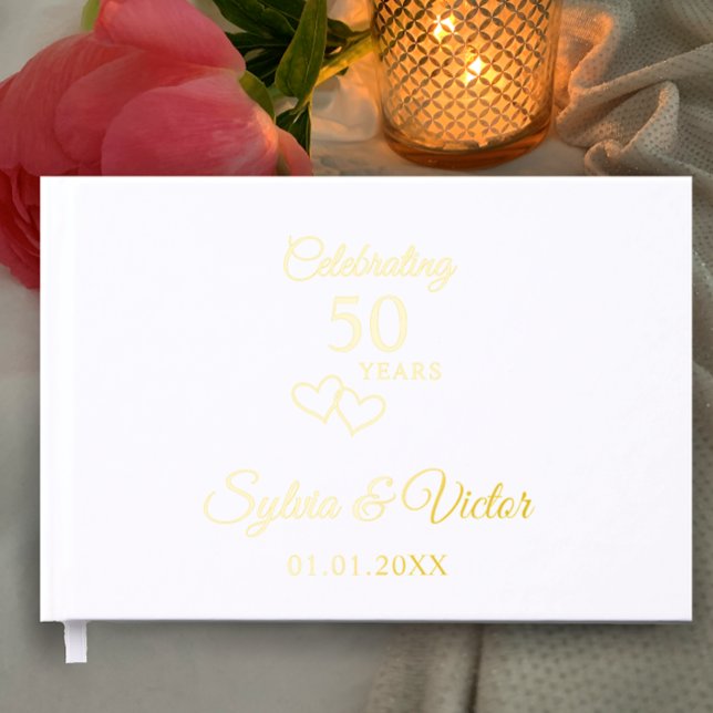 Libro De Visitas Elegante Personalizado simple 50 años Fiesta Oro (Add couple’s names for gold foil simple elegant custom guest book for 50th wedding anniversary party)