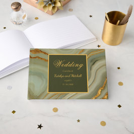 Libro De Visitas Elegante Piedra de Ónix Verde Salvia y Dorado