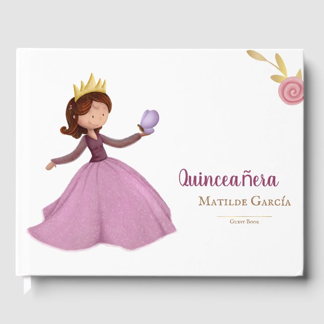 Libro De Visitas Elegante princesa de quinceañera con mariposa (Anverso)