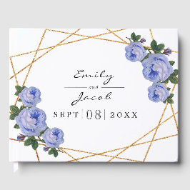 Libro De Visitas Elegante Purpurina de oro Geo Blue Floral Boda