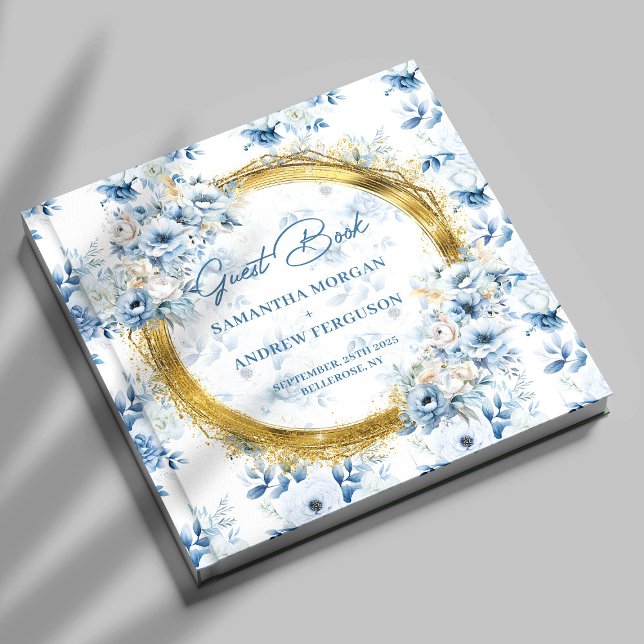 Libro De Visitas Elegante Purpurina Dusty Blue Gold Boda invitado (Stylish Dusty Blue Gold Glitter Wedding Guest Book)