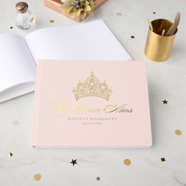 Libro De Visitas Elegante Quinceanera de Oro Rosa (Anverso Abierto)